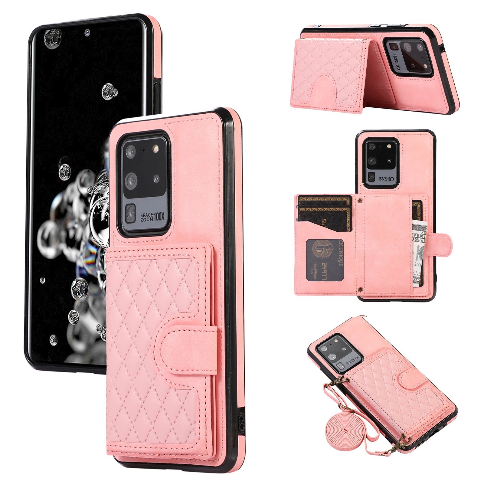 Phone Case for Samsung Galaxy S20 Ultra Card Holder TPU+PU Leather Kickstand Phone Cover - Black Phone Case for Samsung Galaxy S20 Ultra Card Holder TPU+PU Leather Kickstand Phone Cover - Black